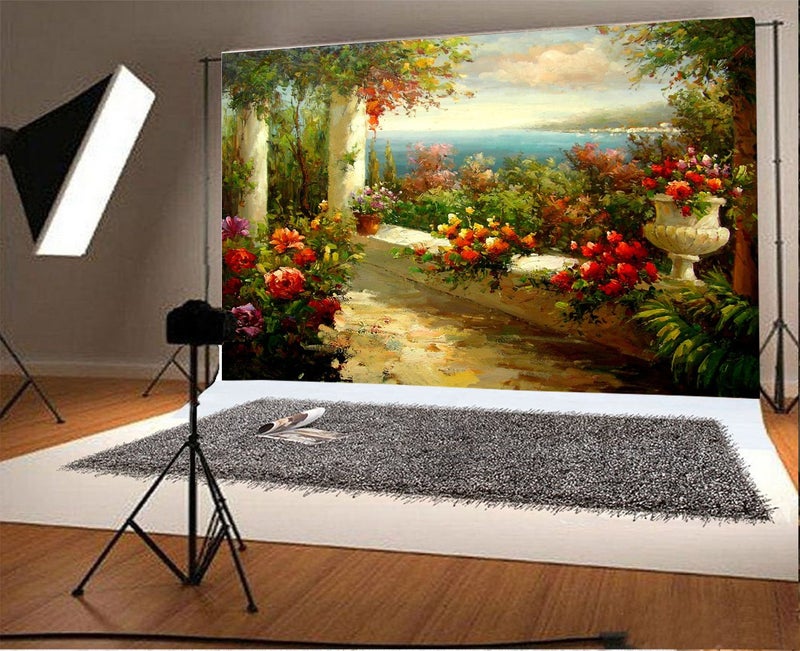 AOFOTO 5x3ft Garden Landscape Oil Painting Photo Backdrop Vintage Lakeside Window Scenery Flowers Scenic Background Mediterranean Spring Floral Painting Decors Girl Woman Portrait Photo Shoot Props - Image 2